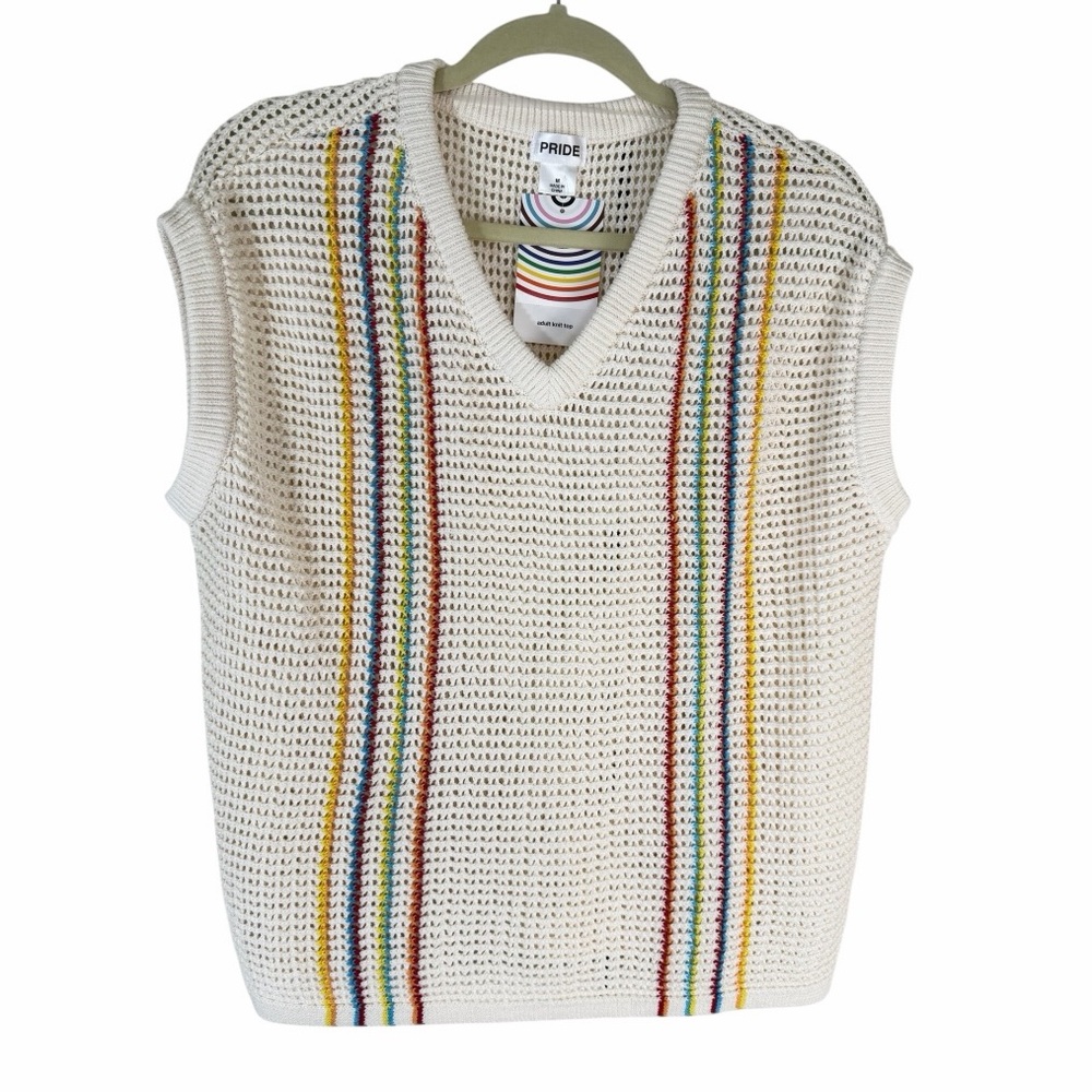 V-Neck Unisex’s Sweater Vest - Cream with Rainbow Stripes